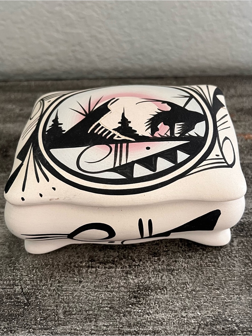 Navajo Warrior Pottery Trinket Jewelry Keepsake Box Signed Hand Painted 5"x4"